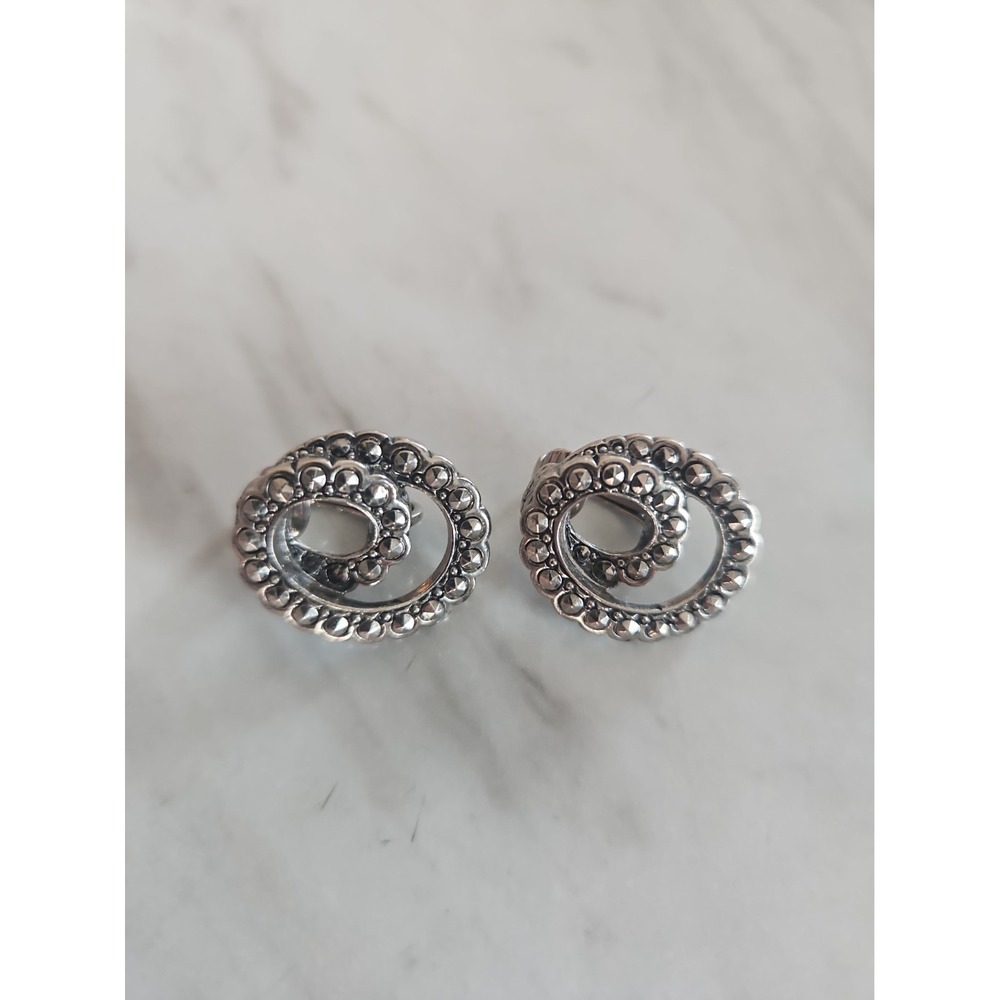 Avon Swirl Art Deco Silver Tone Faux Marcasite Clup On Earrings Vintage 1980s